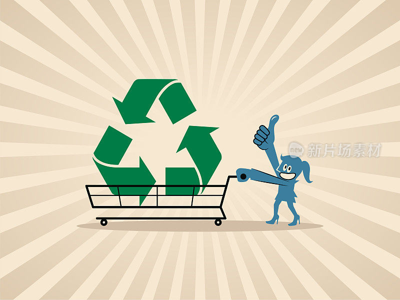 Go Green，生态消费主义，绿色消费主义，一位女顾客推着印有回收标志的购物车走着
